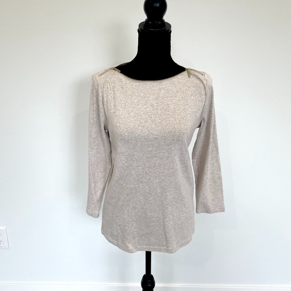 Rafaella Beige 3/4 Sleeve Zip Neck Top